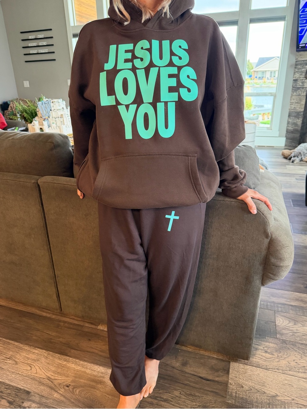 Hollister Brown Hoodie & Jogger Pajama Set with Aqua Print